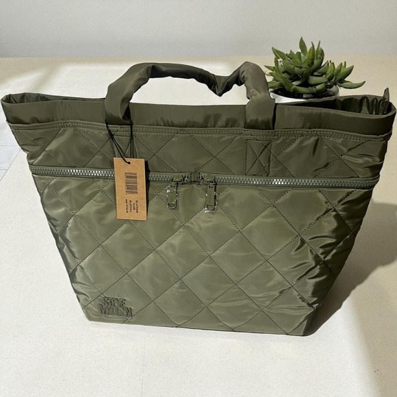 Steve Madden‎ Olive Green Quilted Tote Bag Zip Pocket New with Tags - Picture 2 of 12